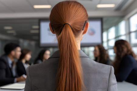 Businesswoman with long red hair in a ponytail in an office settingの素材