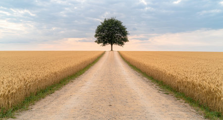 Lonely tree in wheat field at sunsetの素材