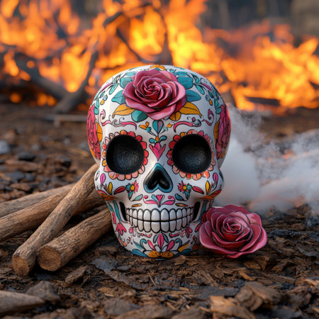 Colorful sugar skull with roses against a fiery backgroundの素材