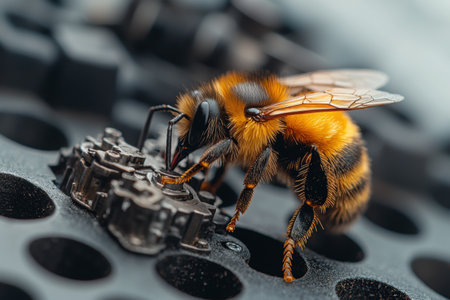 Macro shot of a vibrant orange and black bee on a textured surfaceの素材