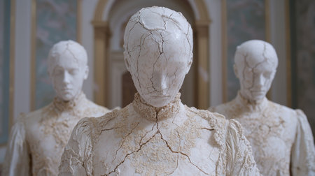 Cracked and weathered stone statues in a museum settingの素材