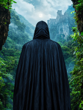 hooded figure in dark cloak overlooking a mysterious castle in the mistの素材