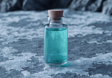 Frozen glass bottle with blue liquidの素材