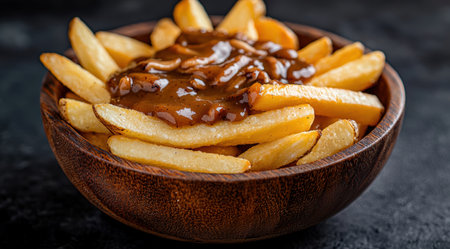 Delicious french fries with savory sauceの素材