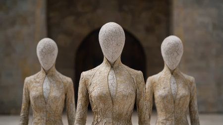 Mysterious cracked humanoid figures in dark roomの素材