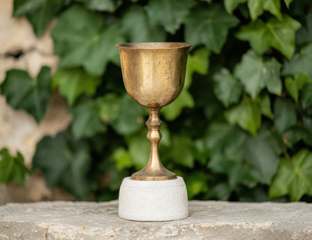 antique golden trophy cup on stone pedestalの素材