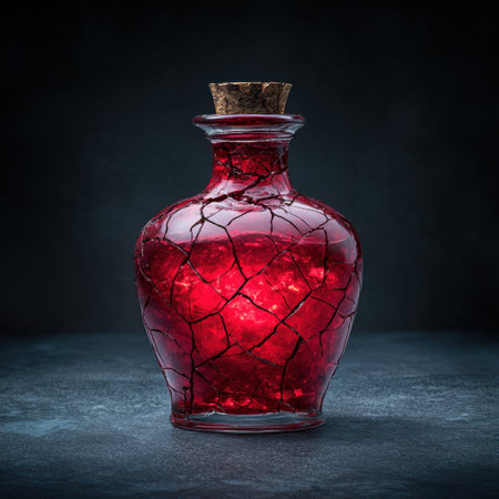 Cracked glass bottle with red liquidの素材