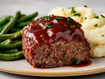 Delicious homemade meatloaf with tomato glaze and mashed potatoesの素材