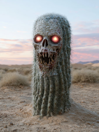 Terrifying cactus monster with glowing red eyes in the desertの素材