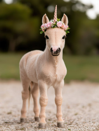 Adorable unicorn foal with flower crownの素材