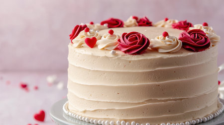 Elegant wedding cake decorated with red roses and heartsの素材