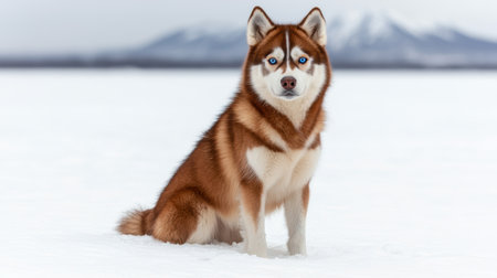Siberian husky dog sitting in snowの素材