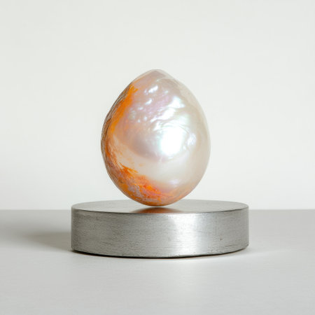 Iridescent pearl-like egg-shaped object on metallic standの素材
