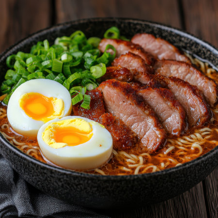 Delicious asian noodle soup with pork and soft boiled eggsの素材
