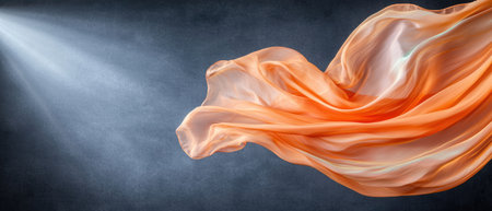 Flowing orange fabric in motion against dark backgroundの素材