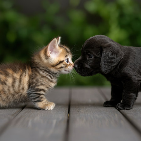 Cute kitten and puppy looking at each otherの素材