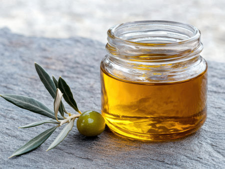 Olive oil in glass jar with olive branchの素材