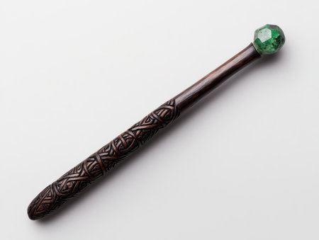 Ornate wooden magic wand with green crystalの素材