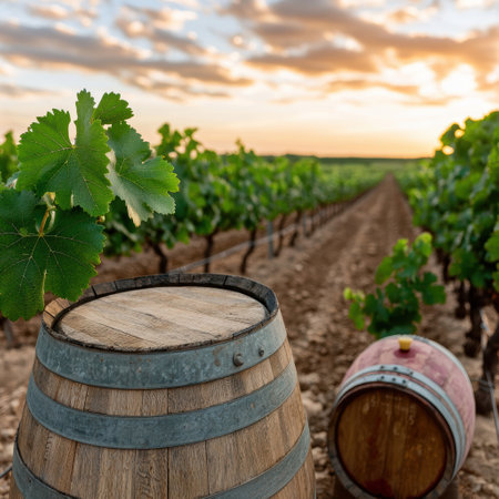 Sunset over a vineyard with wine barrelsの素材
