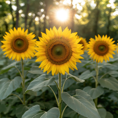 Vibrant sunflowers in a fieldの素材
