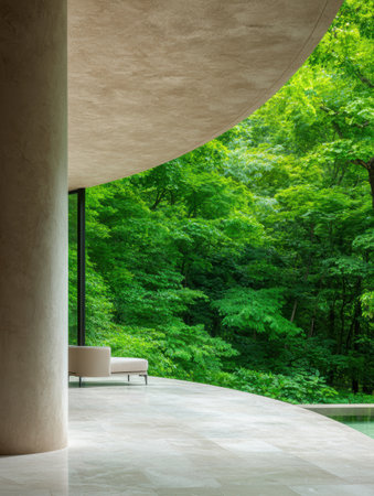 modern architecture with lush green forest viewの素材
