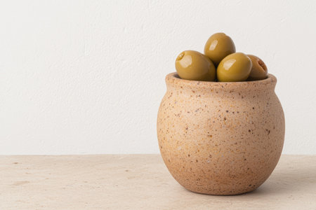 Olives in a rustic ceramic bowlの素材