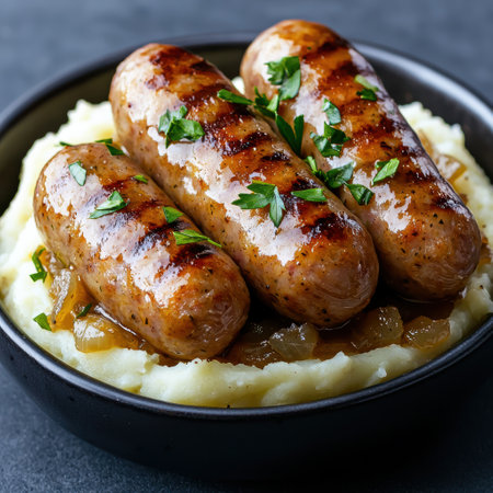 Grilled sausages with mashed potatoes and herbsの素材