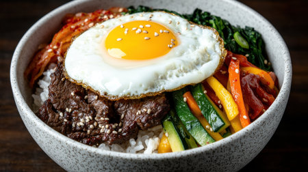 Delicious Korean rice bowl with beef, vegetables, and a fried eggの素材
