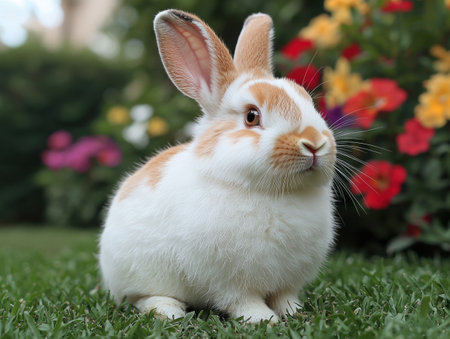 Adorable white rabbit in a gardenの素材