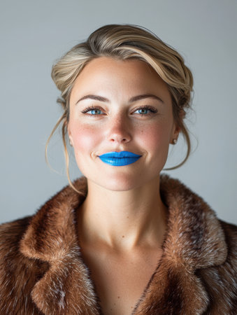 Glamorous woman with bold blue lips and fur coatの素材