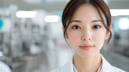 Confident asian woman in white coatの素材