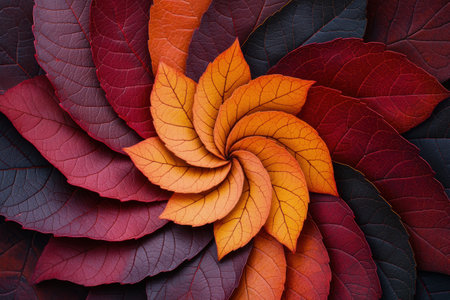 Vibrant autumn leaves in a spiral patternの素材
