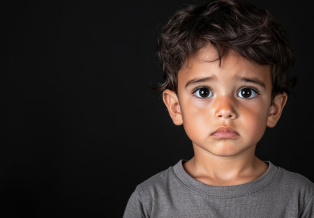 Sad young boy with big eyes looking at cameraの素材