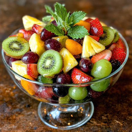 Colorful Fruit Salad in Glass Bowlの素材