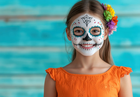 young girl with sugar skull makeupの素材