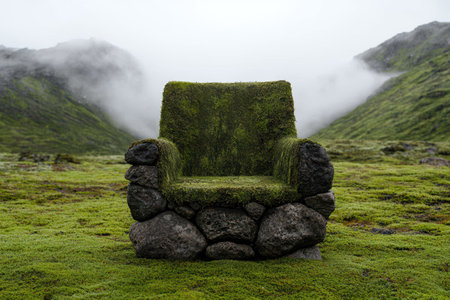 Moss-covered chair in misty mountain landscapeの素材
