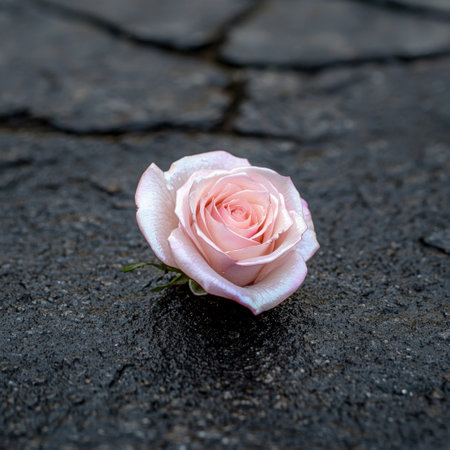 Delicate pink rose blooming on cracked pavementの素材