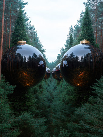 Surreal Christmas ornaments in forestの素材