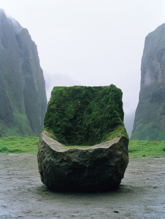 Moss-covered rock formation in misty mountain landscapeの素材