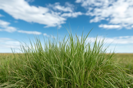 Lush green grass field under blue cloudy skyの素材
