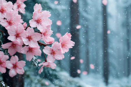 Delicate pink cherry blossoms in the snowの素材