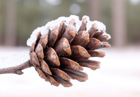Snowy pine cone on a branchの素材