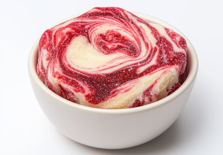 Swirled red and white dessert in a bowlの素材