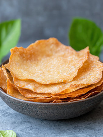 Crispy fried tortilla chips in a bowlの素材