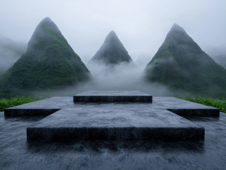 Mysterious mountain landscape with fog and stone stepsの素材