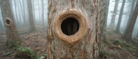 Mysterious tree hollow in misty forestの素材