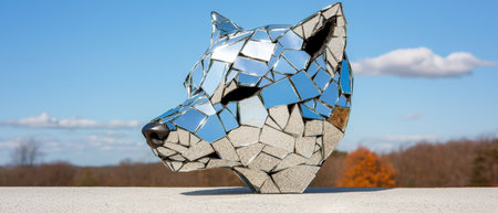 abstract mirrored wolf sculpture in natureの素材