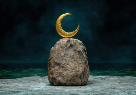 golden crescent moon on rocky cliff overlooking dark oceanの素材