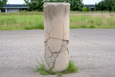 Cracked concrete pillar in fieldの素材
