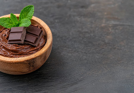 Delicious chocolate spread in a wooden bowl with mint leavesの素材
